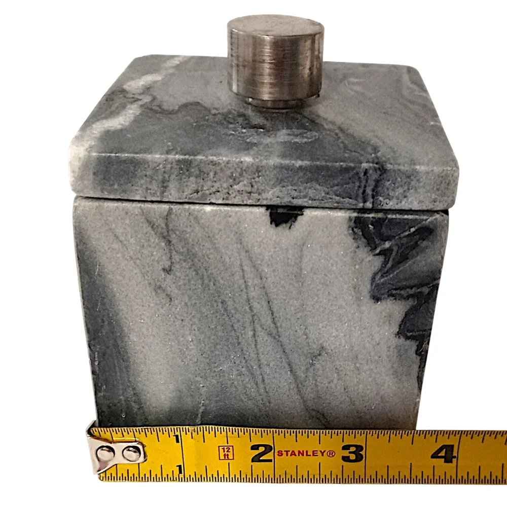 Marble Natural Stone Bathroom Storage Container Canister Silver Tone Handle Gray